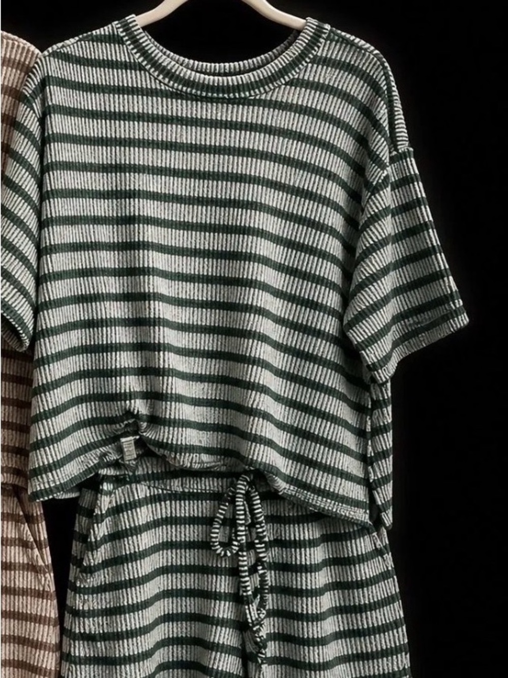 Zenana Outfitters Green and White Striped Knit Top & Shorts Set